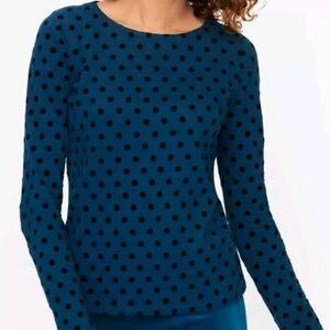 Talbots Blue With Black Polka Dot Long Sleeve Tee Shirt PS